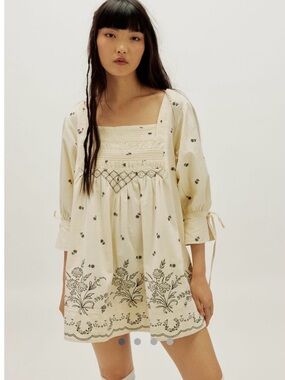 Free People Cream Mini Dress with Black Floral Embroidery